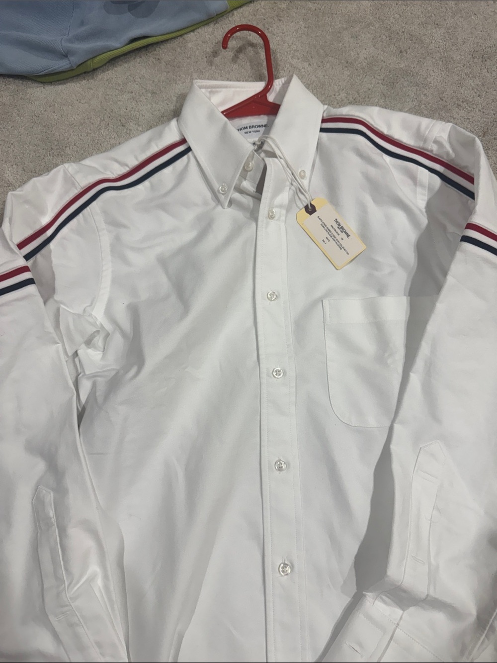 Thom Browne White Button-Up Shirt with Red & Navy Shoulder Stripes